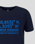 Junior navy coordinates t-shirt with blue latitude longitude 55.8532° N 4.3093° W and Ibrox Stadium Home of Rangers FC text