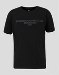 Black junior T shirt with tonal Rangers Football Club graphic across the chest