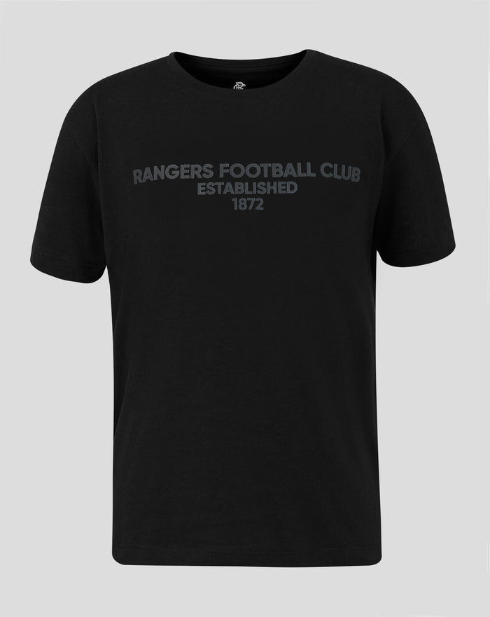 Black junior T shirt with tonal Rangers Football Club graphic across the chest