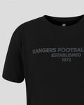 Front view of the black tee with tonal text across the chest reading RANGERS FOOTBALL CLUB ESTABLISHED 1872