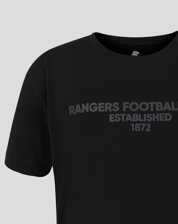 Front view of the black tee with tonal text across the chest reading RANGERS FOOTBALL CLUB ESTABLISHED 1872