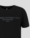 Close up of the black tee chest with tonal typography displaying RANGERS FOOTBALL CLUB ESTABLISHED 1872