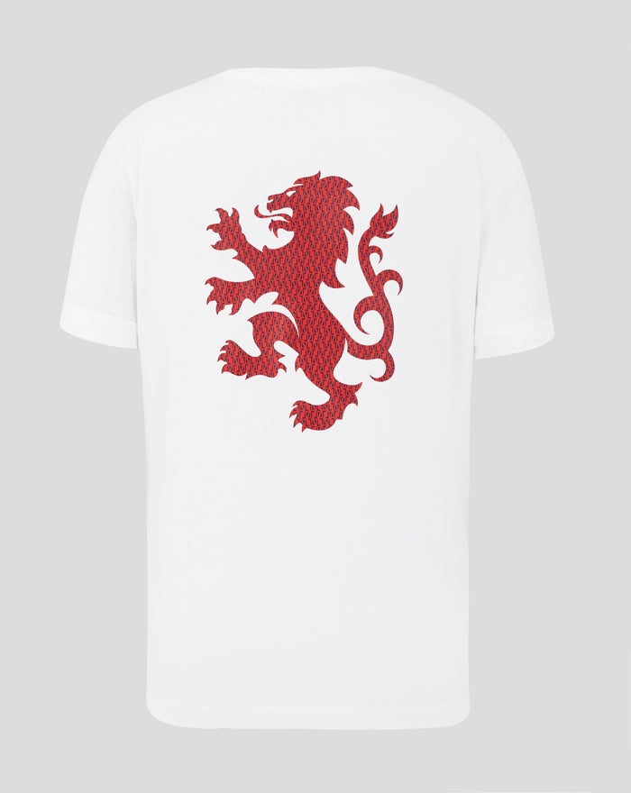 White junior varsity 1872 lion T-shirt back view with a large red lion graphic