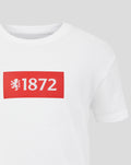 Front view of white T shirt with partial red 1872 graphic visible on chest