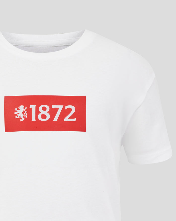 Front view of white T shirt with partial red 1872 graphic visible on chest