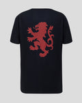 Navy t shirt back with a large red lion silhouette made from many small triangles.