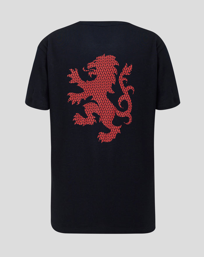 Navy t shirt back with a large red lion silhouette made from many small triangles.