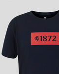 Navy t shirt front displays a bold red 1872 rectangle with a lion crest.