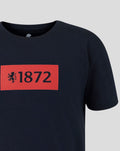 Navy t shirt front close up of the red 1872 graphic with a lion silhouette visible.
