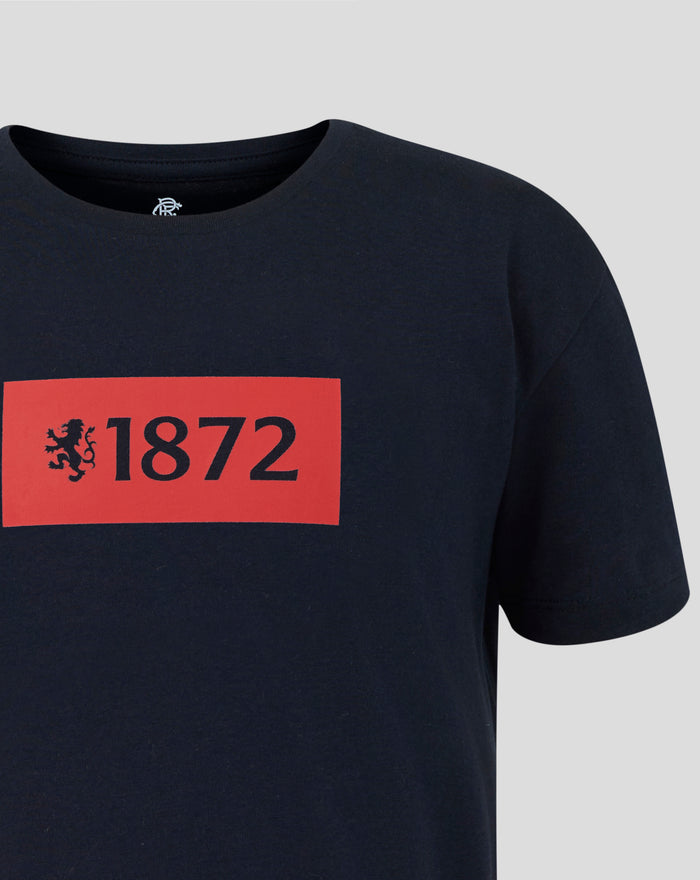 Navy t shirt front close up of the red 1872 graphic with a lion silhouette visible.