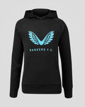Black women's Rangers Players Travel Hoodie with light blue wing logo on the chest and a front pocket