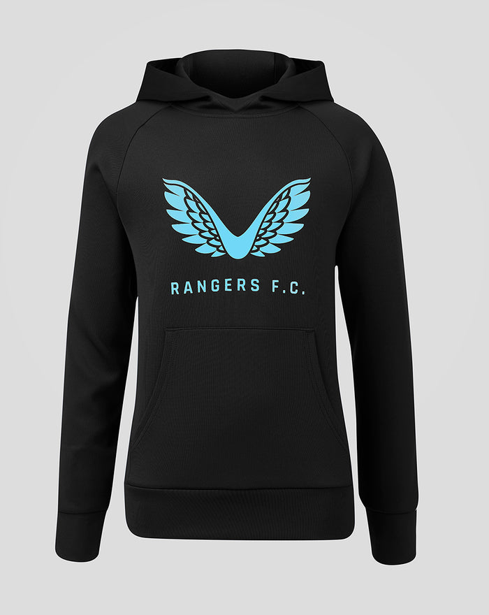 Black women's Rangers Players Travel Hoodie with light blue wing logo on the chest and a front pocket
