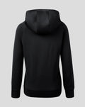 Back view of black Rangers travel hoodie with hood and ribbed hem