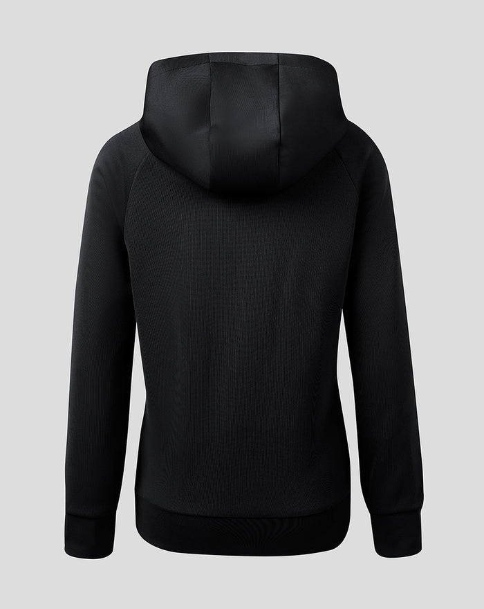 Back view of black Rangers travel hoodie with hood and ribbed hem