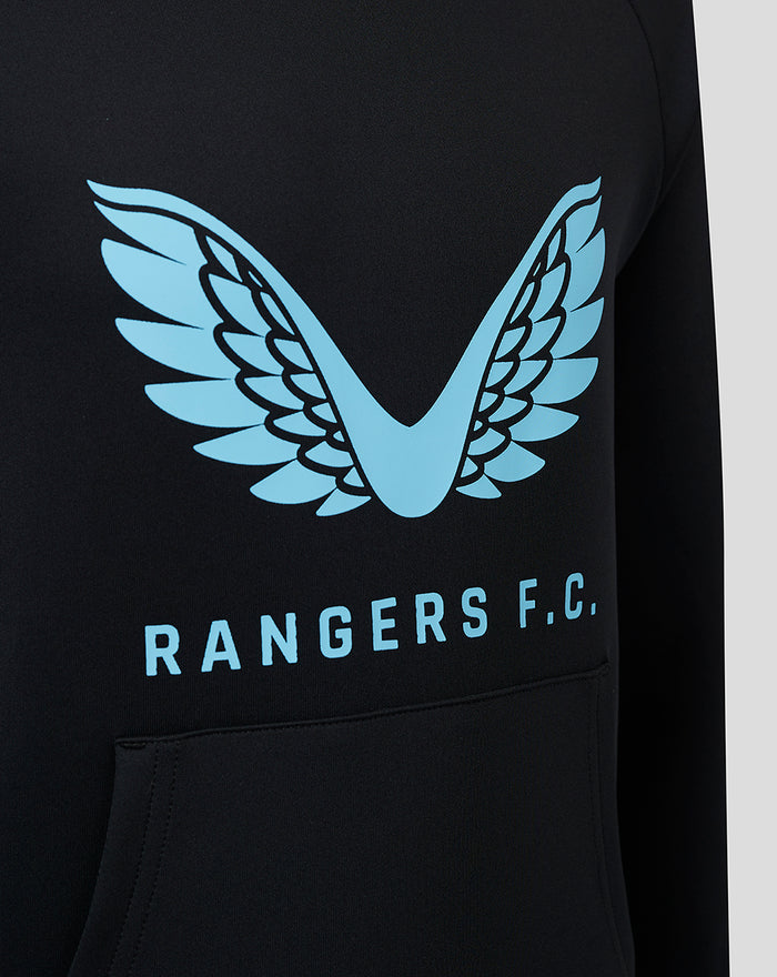 Close up of the light blue wing logo and Rangers F.C. text on a black hoodie chest