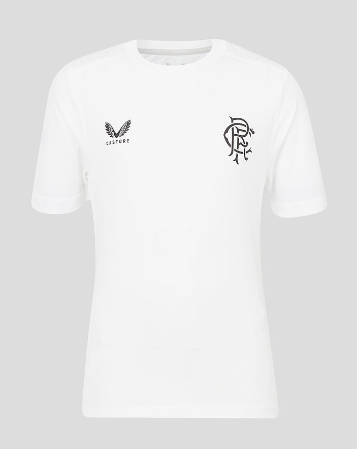 White junior 23/24 limited edition training T shirt with Castore wing logo on left chest and black crest on right chest