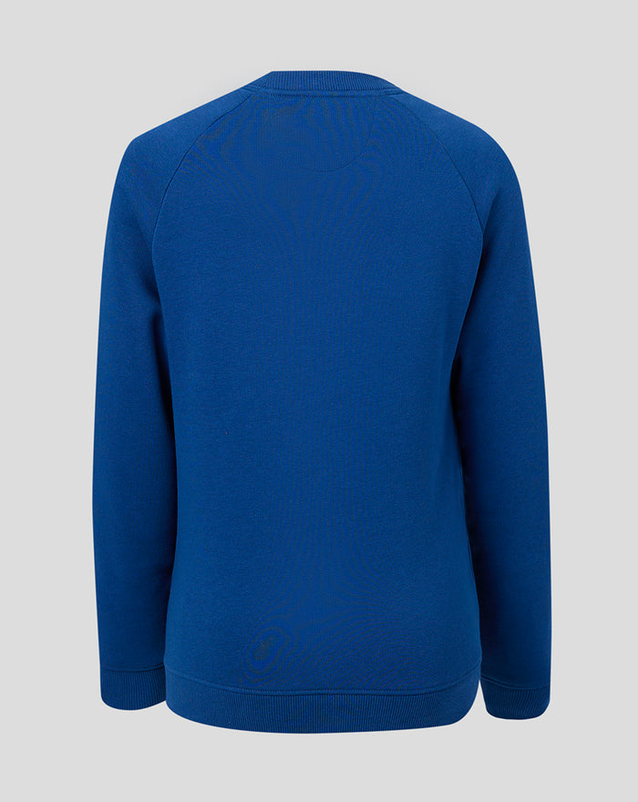 Blue junior Rangers crew sweatshirt back view showing plain back and ribbed hem