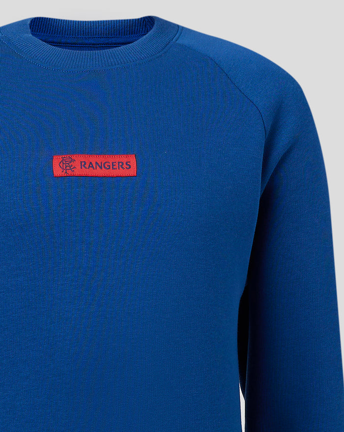 Blue junior Rangers crew sweatshirt front view with red silicon left chest crest