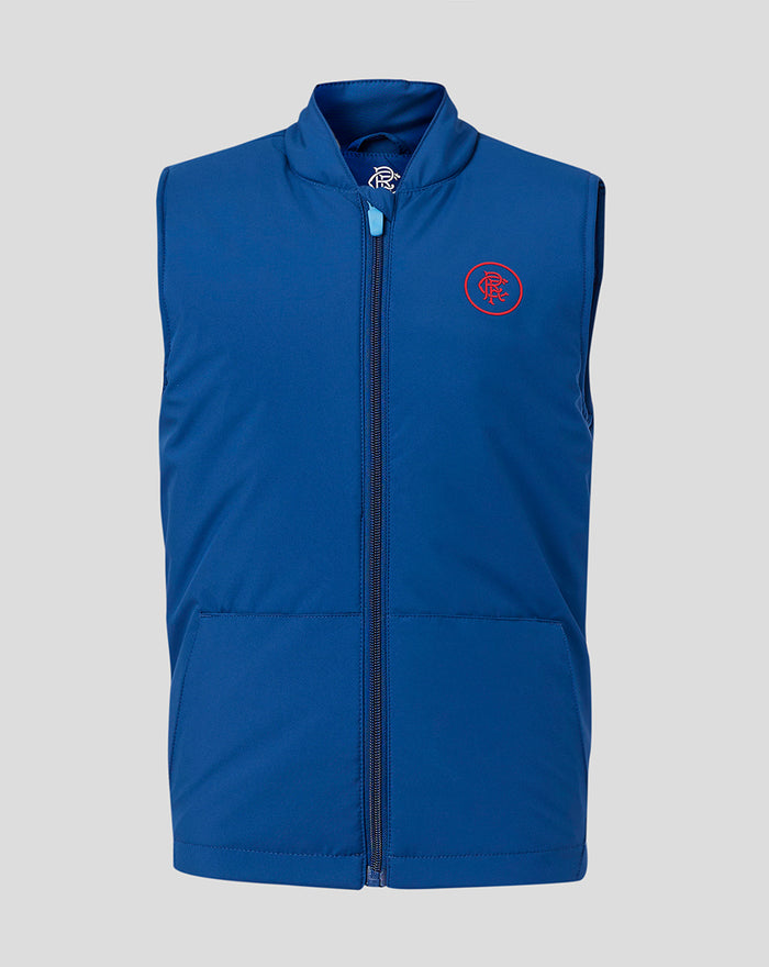 Front view of navy junior gilet with zip front side pockets and red crest badge