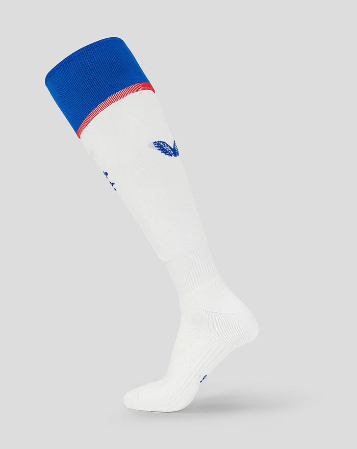 Junior Rangers Away sock close-up with blue cuff red trim and white leg section.