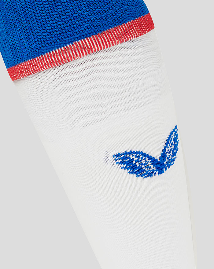 Close-up of white junior Rangers away sock with blue cuff red trim and crest