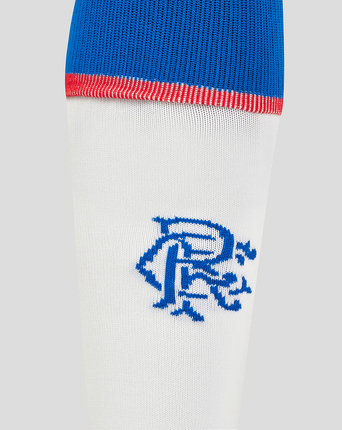 White Rangers Away sock with blue crest at the shin and blue cuff visible.