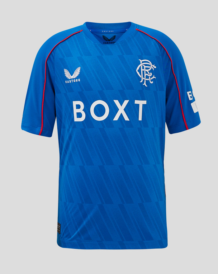 Front view of junior Rangers 24/25 Home Shirt in blue with crest and BOXT sponsor
