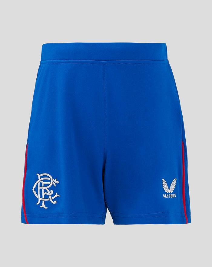 Back view of bright blue junior shorts with red side piping, white crest on left leg and GASTORE wing logo on the right.