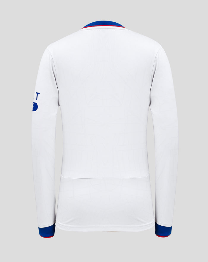 Back view of white Rangers away long sleeve jersey with blue collar and red trim along the neck