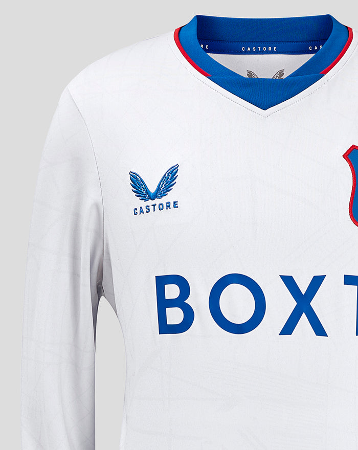 Close up of white Rangers away long sleeve jersey front showing crest on left chest, Castore branding on right, and bold BOX graphic across the chest