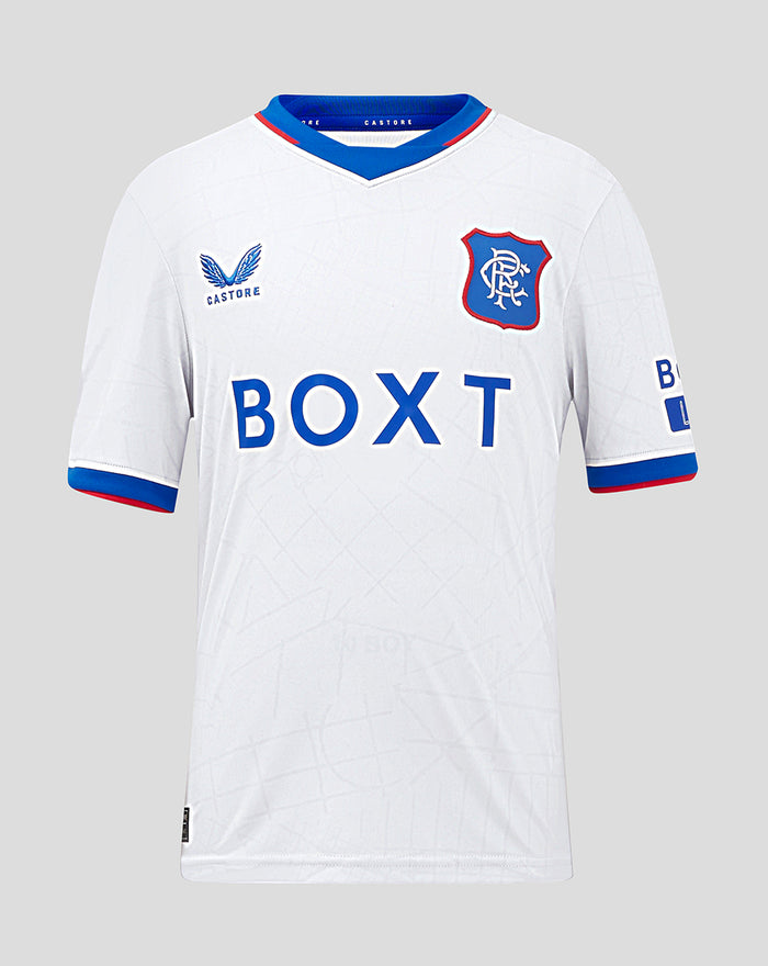 Front view of junior Rangers away shirt in white with blue V neck collar, crest at left chest and BOXT across front.