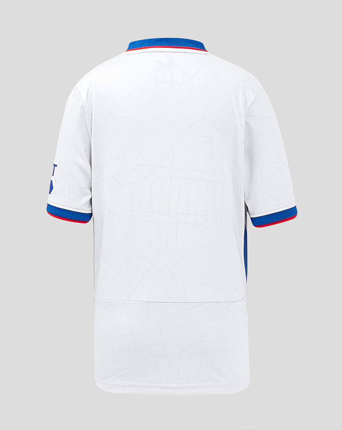 Back view of white Rangers away shirt with an allover light pattern and blue and red sleeve cuffs