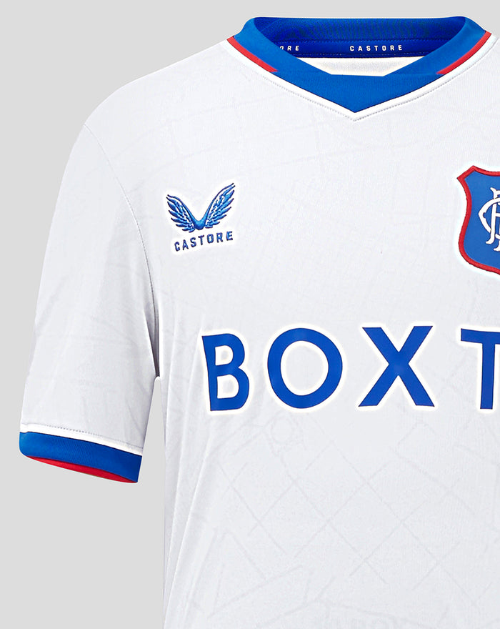 Close-up of front of junior Rangers away shirt displaying BOXT across chest and left chest crest.
