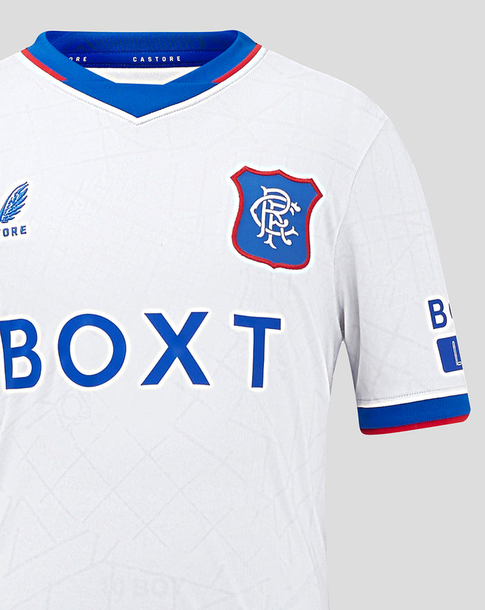 Rangers crest on left chest of white junior away shirt with blue trim.