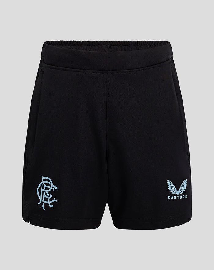 Front view of black shorts with light blue crest on left thigh and Castore logo on right thigh