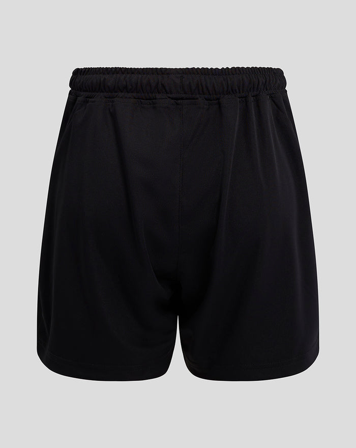 Rear view of black shorts with elastic waistband and clean back panel