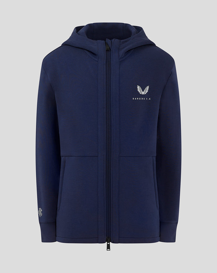 Front view of navy Rangers FC junior hooded travel jacket with three piece hood, zip front and club crest.