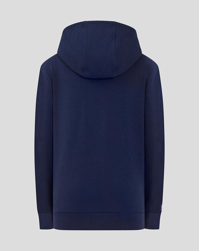 Back view of navy Junior Rangers FC Hooded Travel Jacket with hood resting at the shoulders