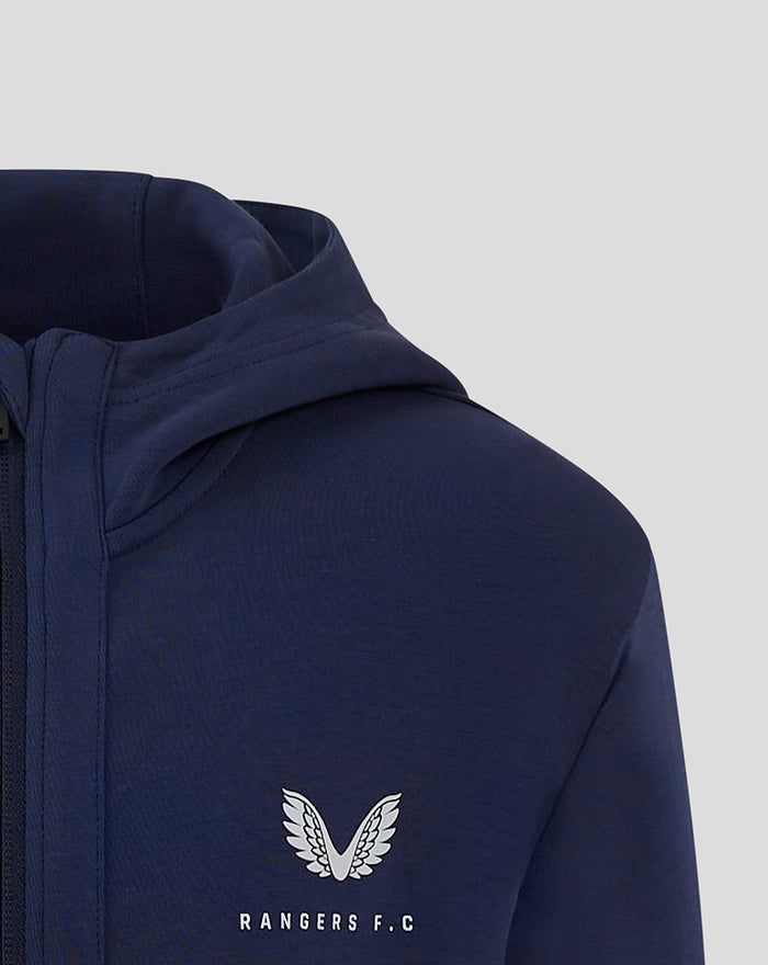 Close up of navy hooded travel jacket with Rangers FC crest on the left chest.