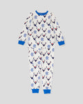 White festive long sleeve pyjama set with blue deer motif and blue cuffed ankles.