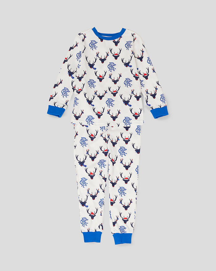 White festive long sleeve pyjama set with blue deer motif and blue cuffed ankles.