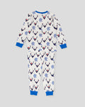 Junior 23/24 long sleeve festive pajamas with a white base and blue reindeer pattern and blue cuffs.