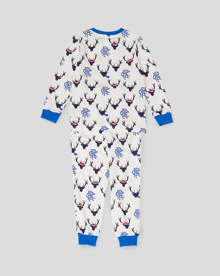 Junior 23/24 long sleeve festive pajamas with a white base and blue reindeer pattern and blue cuffs.