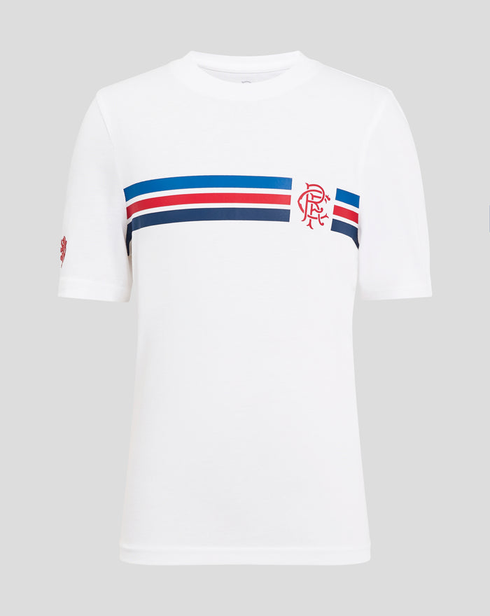 White junior cotton T shirt with bold blue and red horizontal stripes across the chest and a red crest on the left front