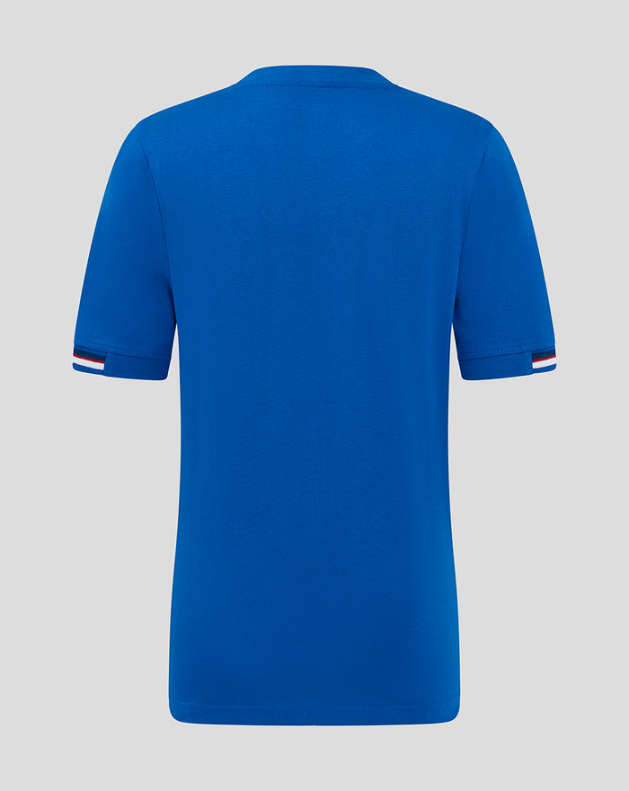 Back view of blue Junior Classic Cotton T-Shirt with tricolor sleeve trim.
