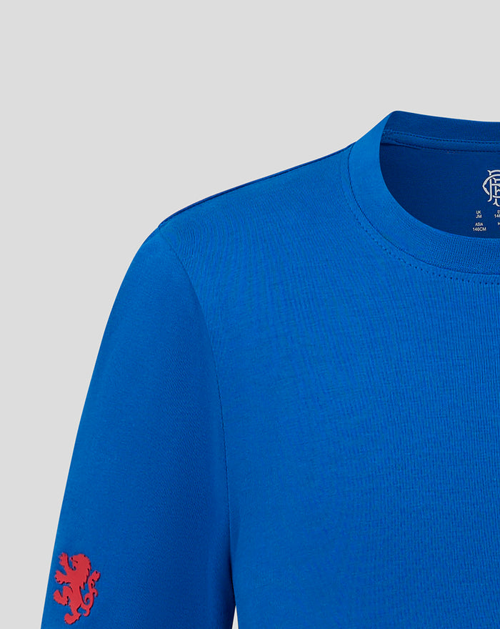 Close up of blue Junior Classic Cotton T-Shirt neckline and shoulder seam.
