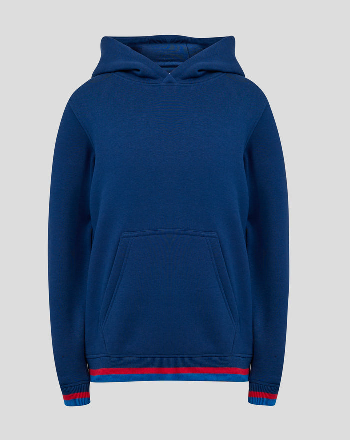 Front view of navy Junior Classic Hoodie with hood up and red striped cuffs and hem.