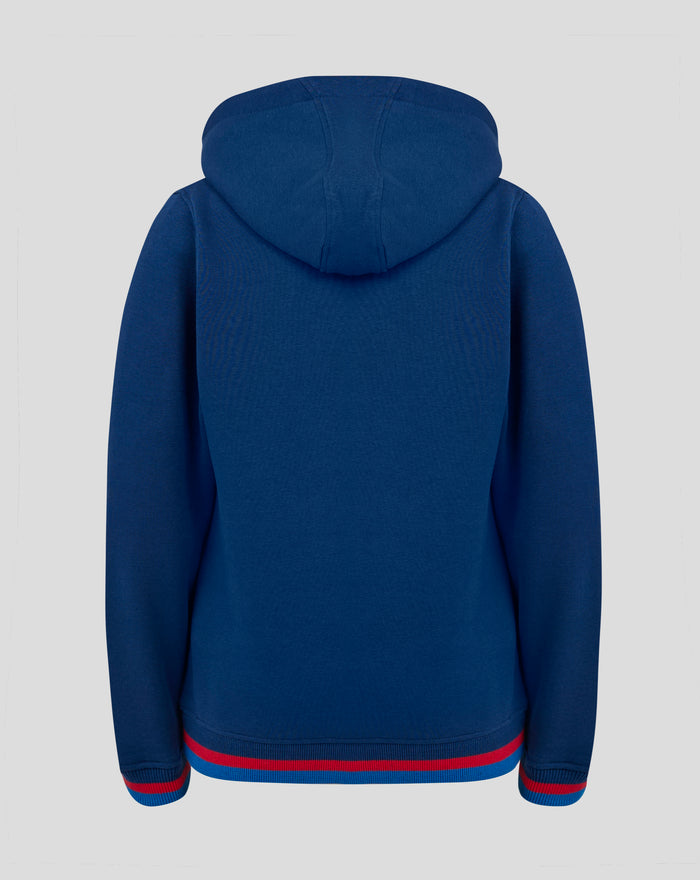 Back view of navy hoodie with attached hood and striped red and blue hem.