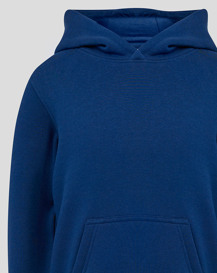 Front view of navy Junior Classic Hoodie with hood up and front pocket.