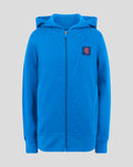 Front view of blue Junior Classic Full Zip Hoodie with hood up and chest logo patch